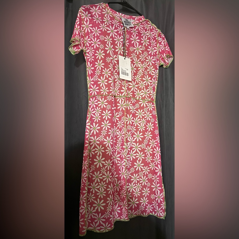 NWT! The Ragged Priest daisy print mesh pink and neon green contrast dress -ASOS